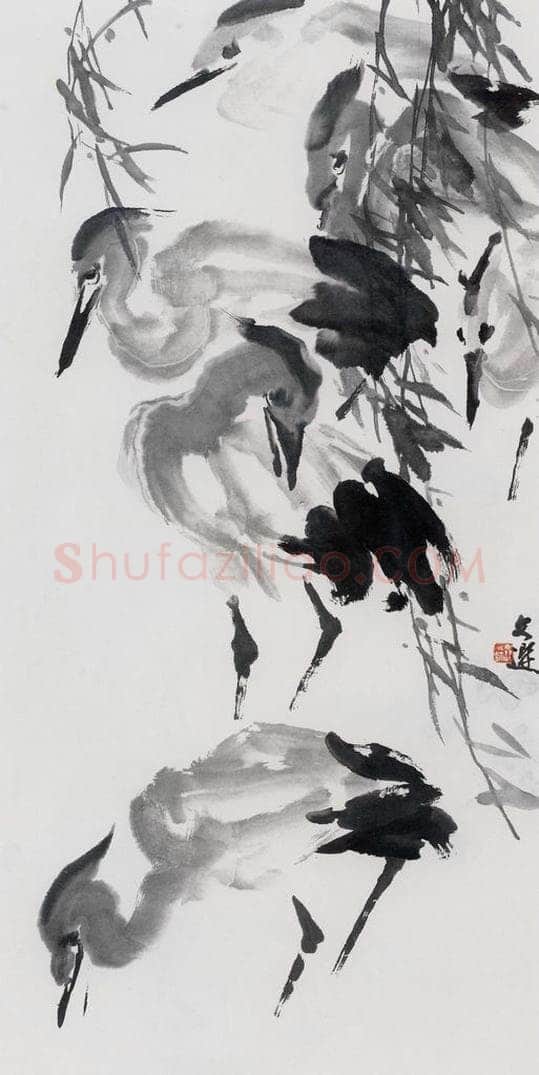 1984年 汤文选 《柳荫群鹭》 书画作品