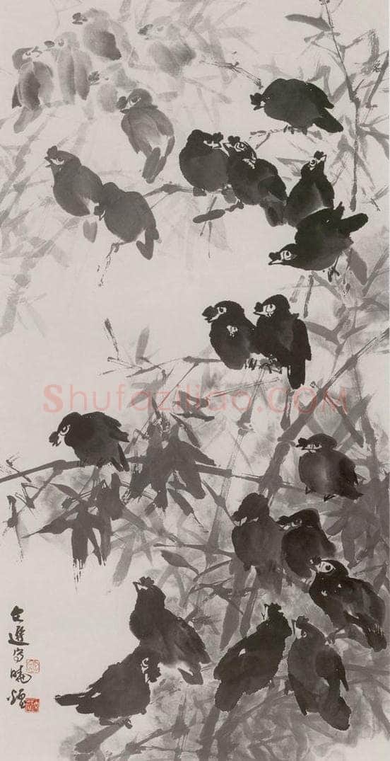 1984年 汤文选 《晓烟鸜鹆》 书画作品