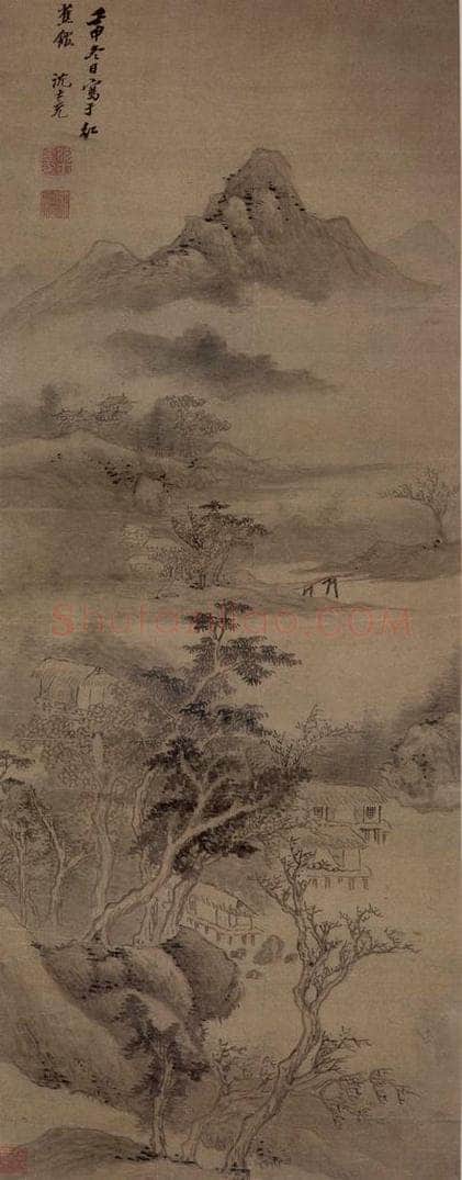 明 沈士充 《秋林水阁图轴》 书画作品