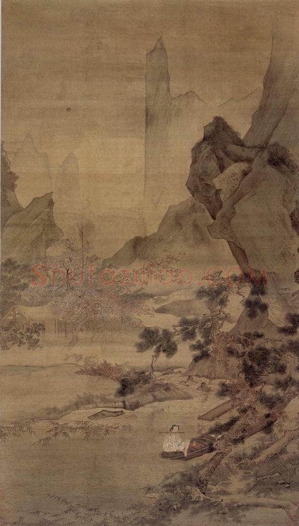 明 仇英 《松溪横笛图轴》 书画作品