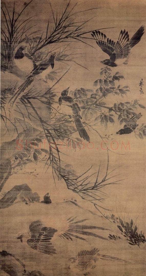 明 林良 《秋坡聚禽图》 书画作品