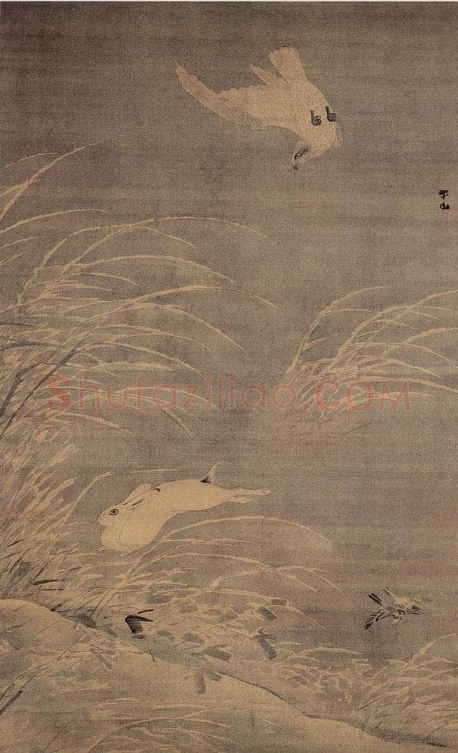 明 张路 《苍鹰逐兔图》 书画作品