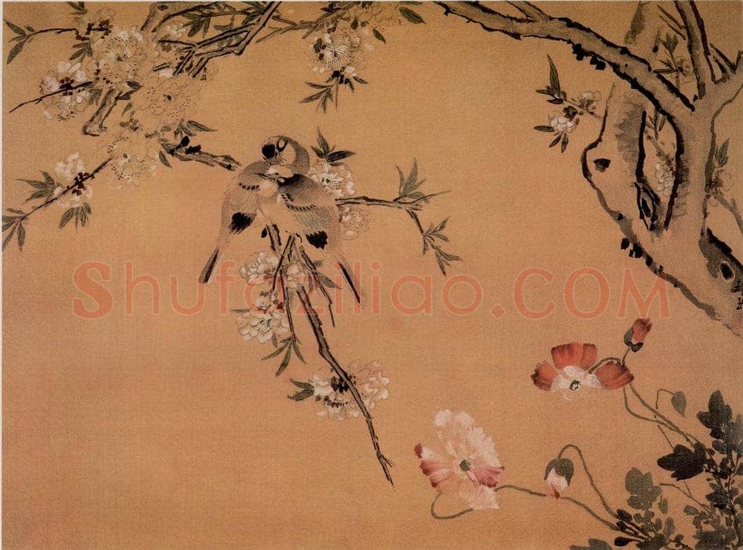 清 颜岳 《桃花双禽图》 书画作品