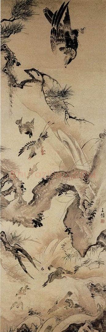 明 王偕 《松鹰飞禽图》 书画作品