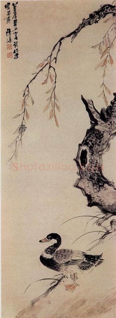 明 陈遵 《柳岸立凫图》 书画作品