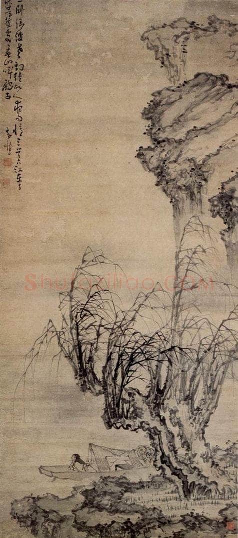 清 黄慎 柳下泛舟图 书画作品