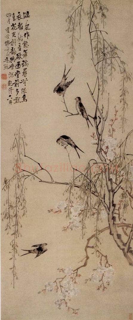 清 李鱓 《桃花柳燕》 书画作品