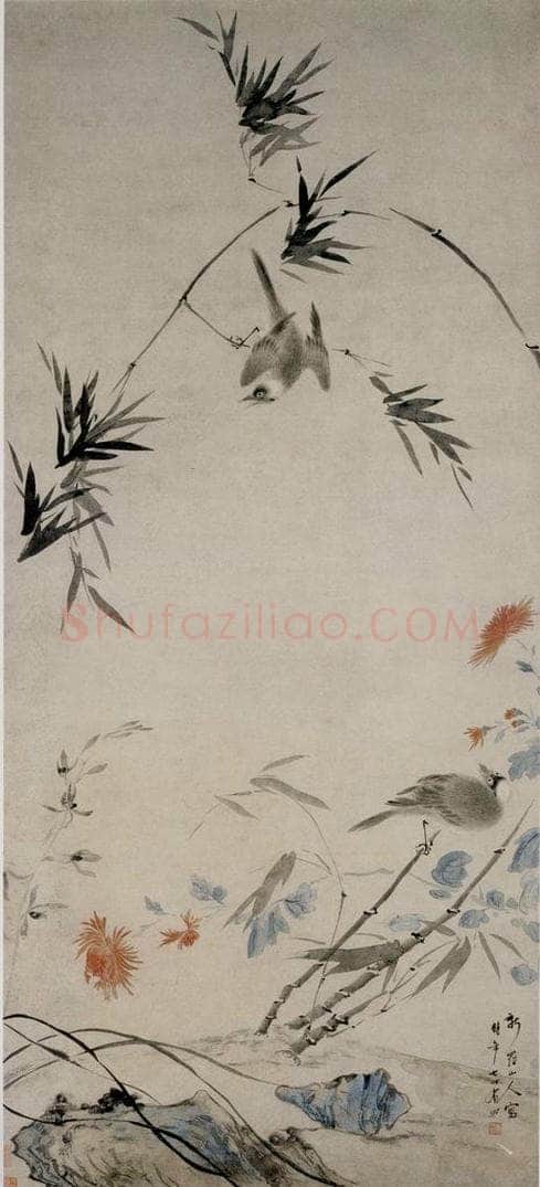 清 华喦 《兰菊竹禽图》 书画作品