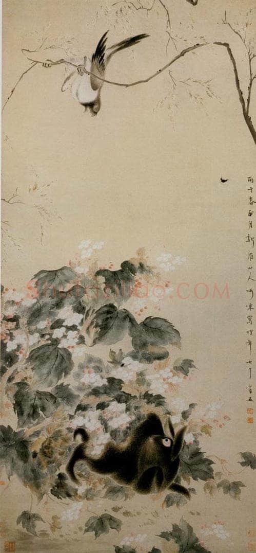清 华喦 《禽兔秋艳图》 书画作品