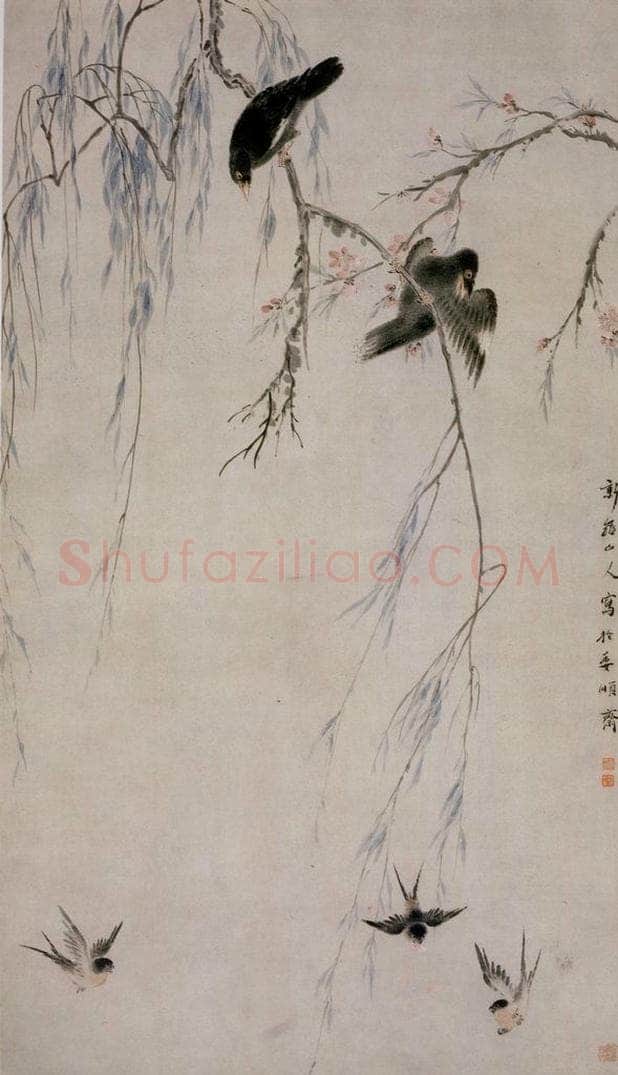 清 华喦 《柳燕鸲鹄图》 书画作品