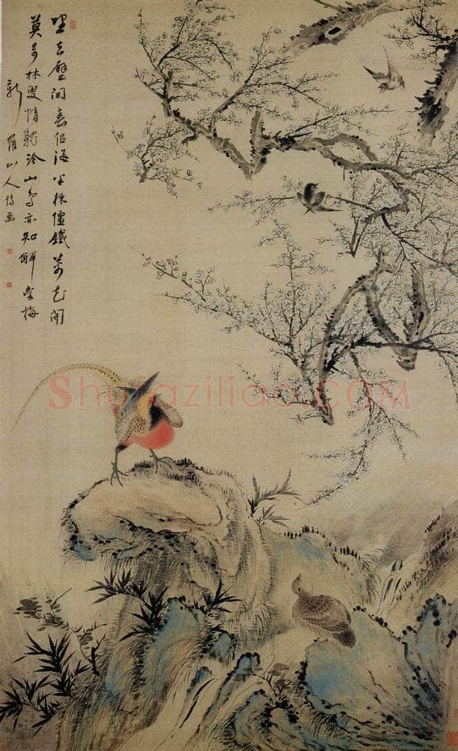 清 华喦 《山雀爱梅图》 书画作品