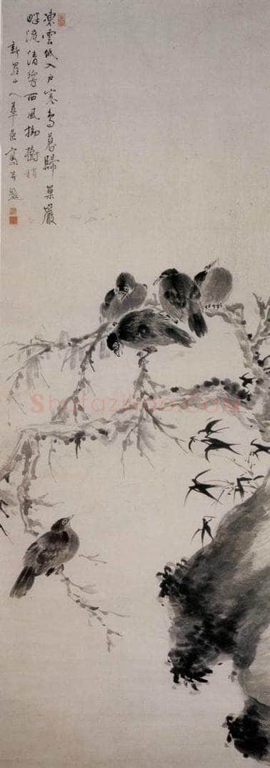 清 华喦 《枯松寒禽图》 书画作品