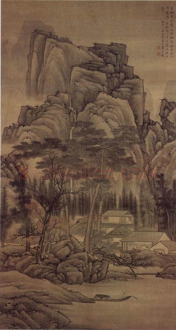 明末清初 高岑 《松窗飞瀑图》 书画作品