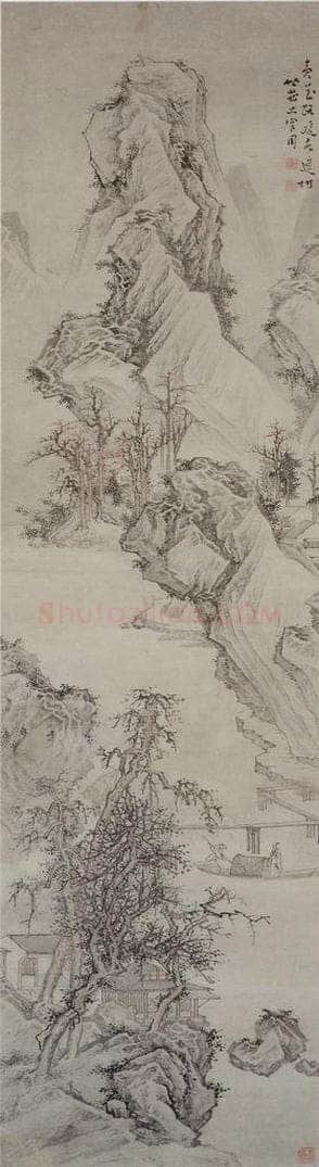 清 上官周 《水村归棹图轴》 书画作品