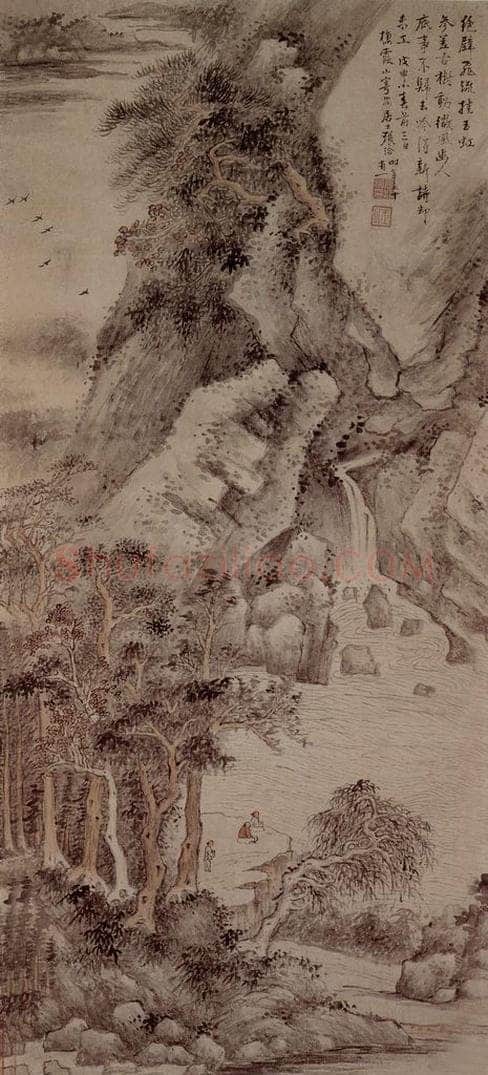 清 张洽 《观瀑吟诗图轴》 书画作品