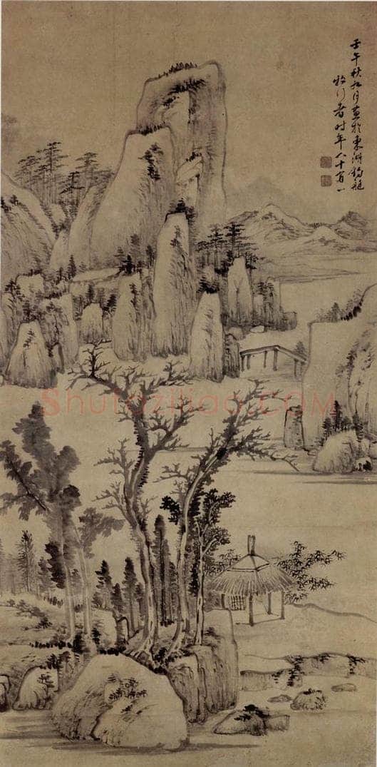 清 罗牧 《溪桥茅屋图轴》 书画作品