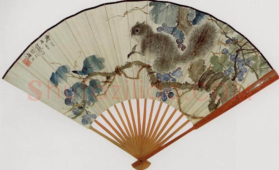 现代 江上渔 《葡萄松鼠》 书画作品