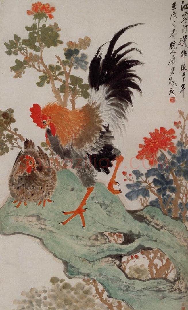 现代 江上渔 《富贵双鸡》 书画作品