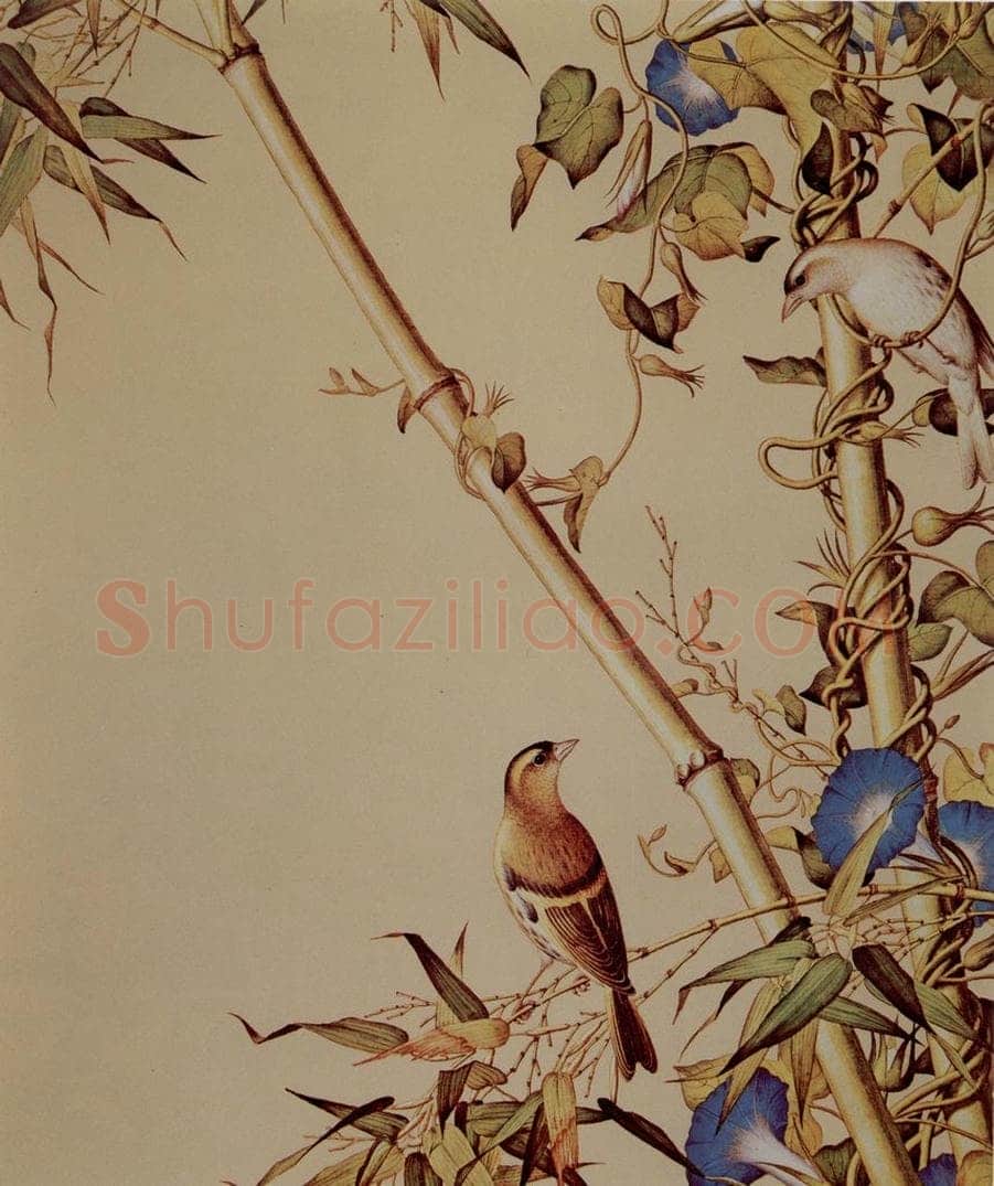 清 朗世宁 《仙萼长春图——翠竹牵牛》 书画作品