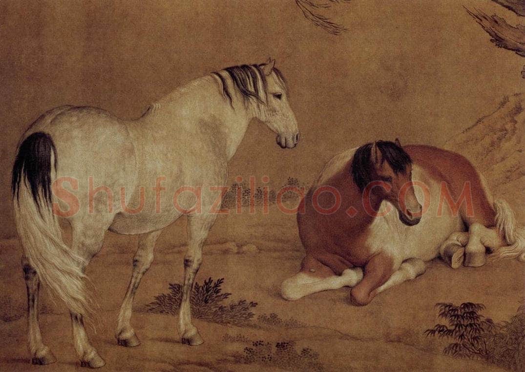 清 朗世宁 《柳荫双骏图》 书画作品