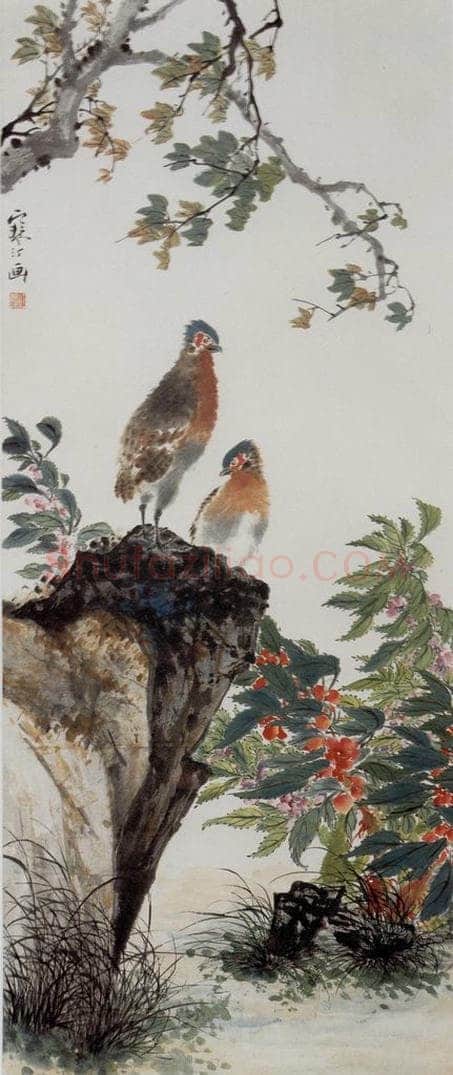  江寒汀 凤仙枫叶竹鸡 书画作品