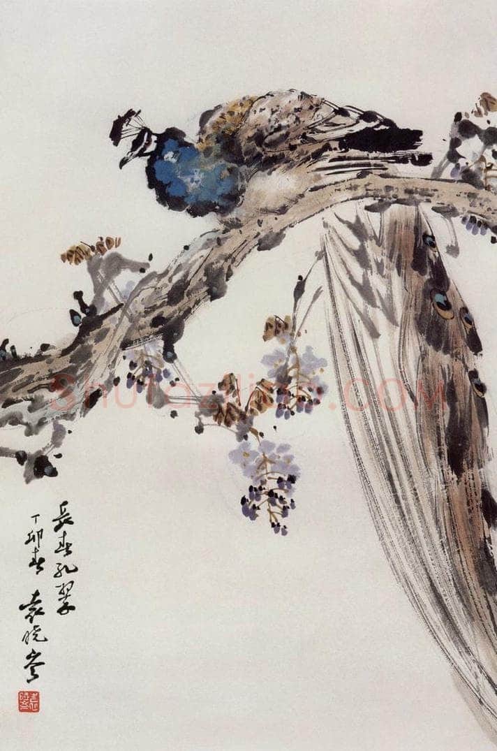 1987年 袁晓岑 《长春孔翠》 书画作品
