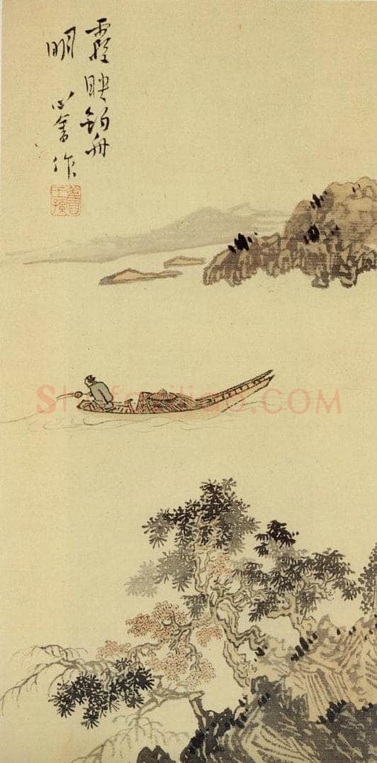  溥心畲 《霞映钓舟明》 书画作品