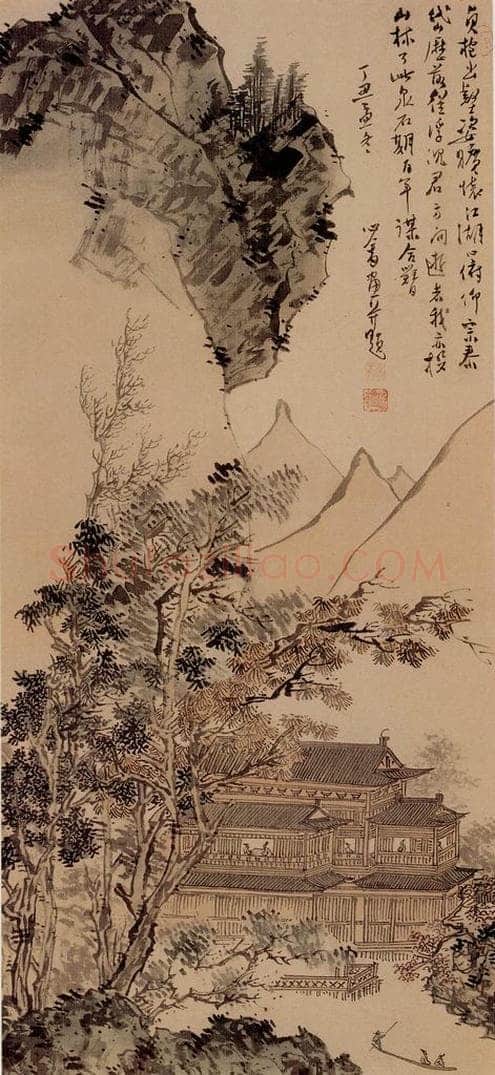 1937年 溥心畲 《水榭秋山》 书画作品