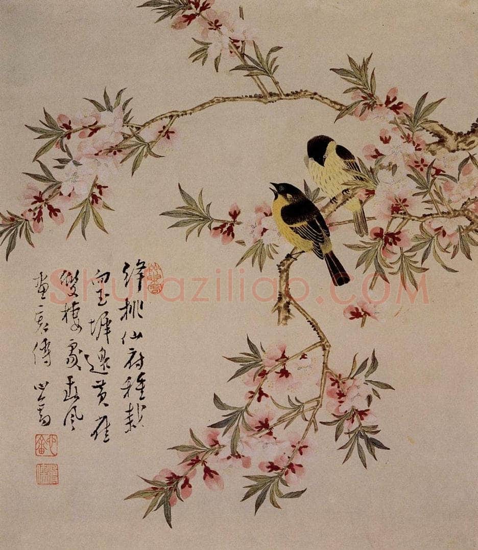  溥心畲 《绛桃黄雀》 书画作品