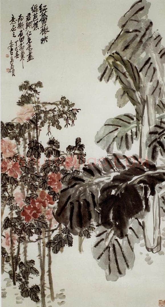 民国 吴昌硕 《蔷薇芭蕉》 书画作品