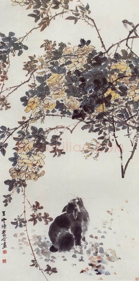 无纪年 陈师曾 《猫雀蔷薇》 书画作品