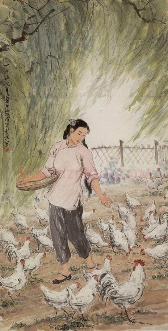 1959年 张安治 饲鸡图 书画作品