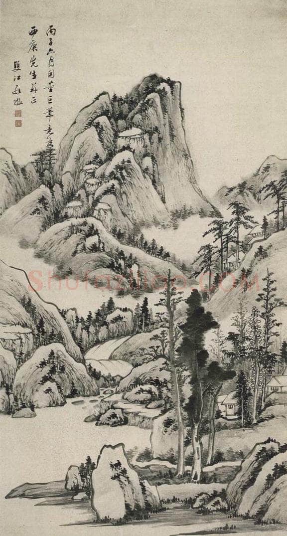 清 罗牧 《罗牧云山林屋图轴》 书画作品