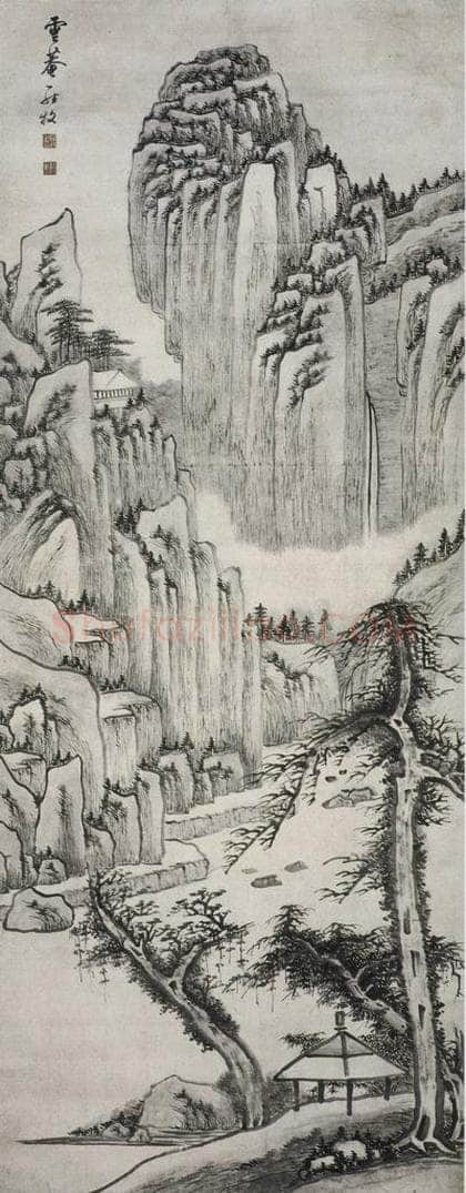 清 罗牧 《罗牧孤亭飞泉图轴》 书画作品