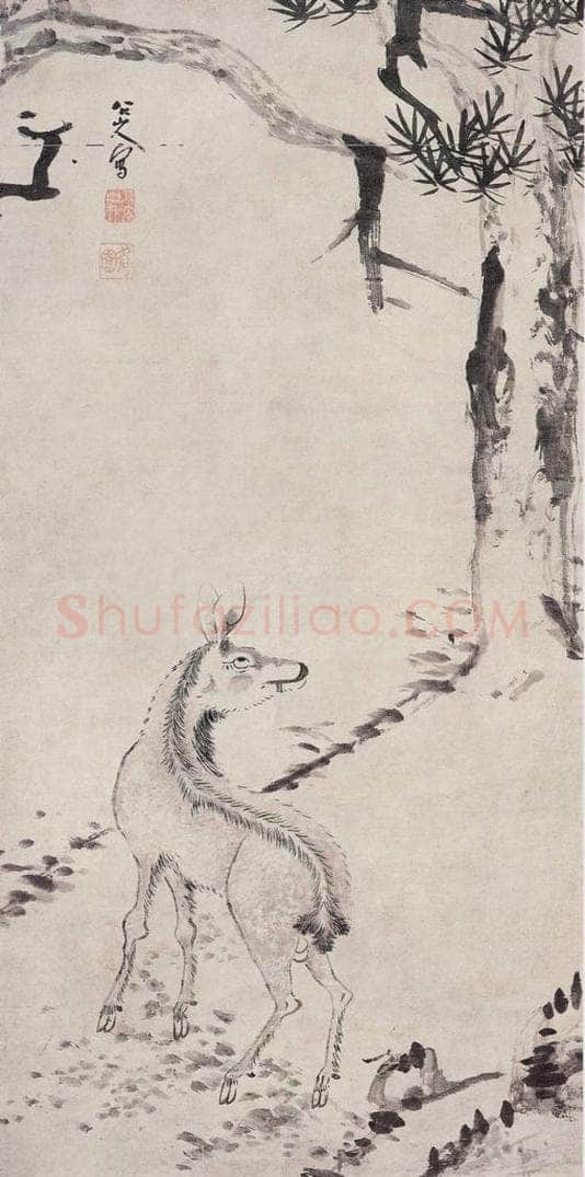 清 朱耷 《朱耷松鹿图轴》 书画作品