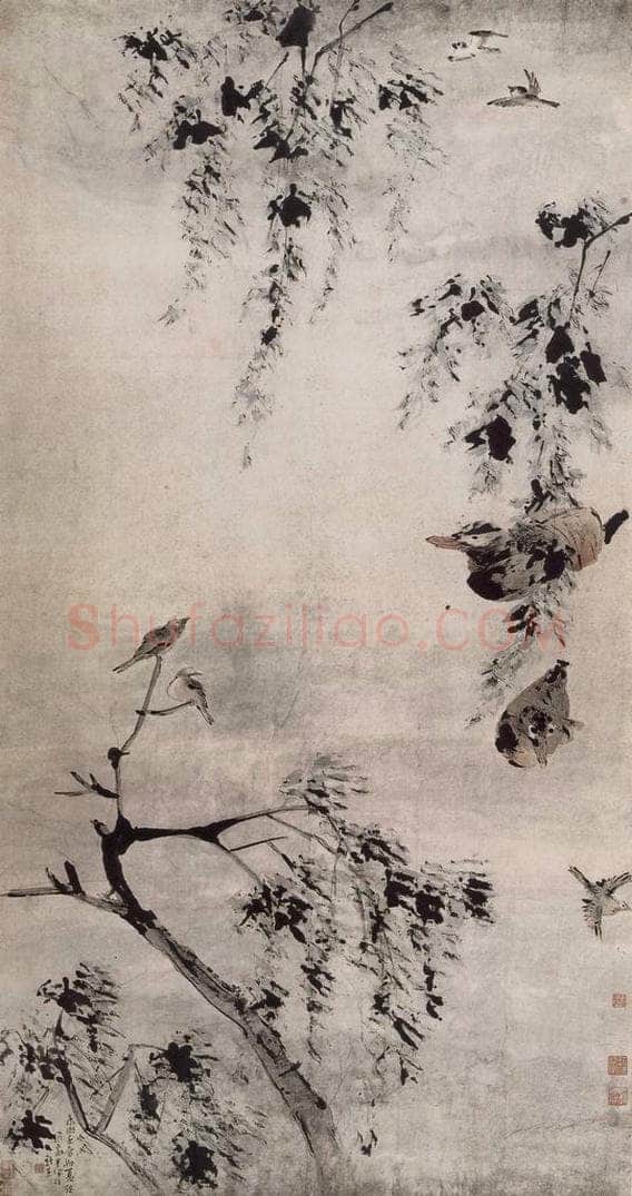 清 高其佩 《高其佩柳塘鸳鸯图轴》 书画作品