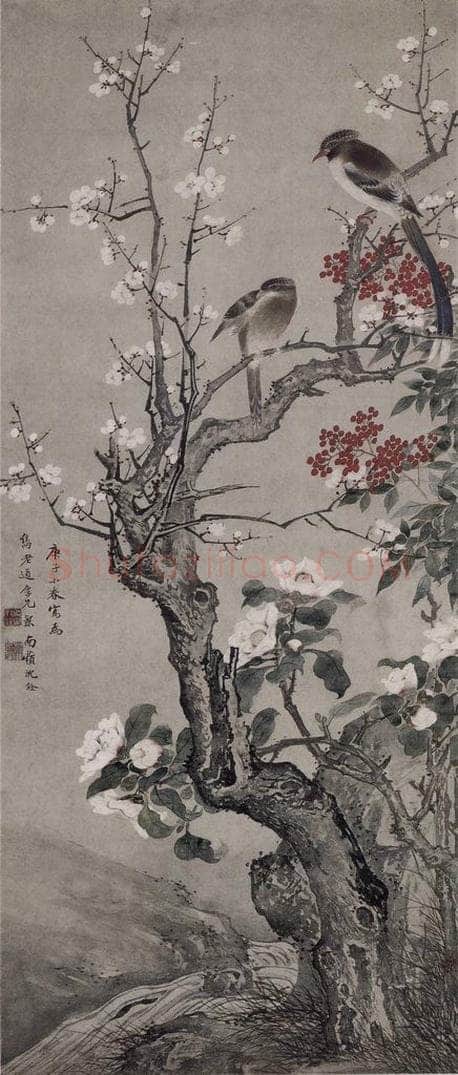 清 沈铨 《沈铨梅雀山茶图轴》 书画作品