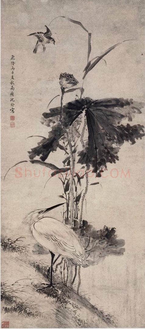 清 沈铨 《沈铨荷花鹭鸶图轴》 书画作品