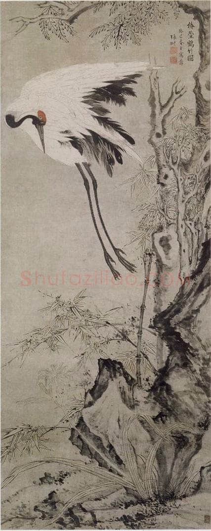 清 张翀 《张翀椿萱鹤竹图轴》 书画作品