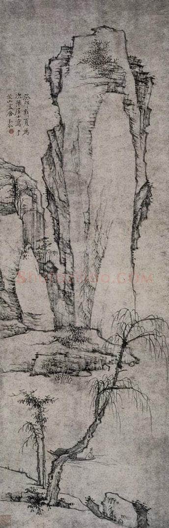 清 弘仁 《弘仁秋柳孤棹图轴》 书画作品