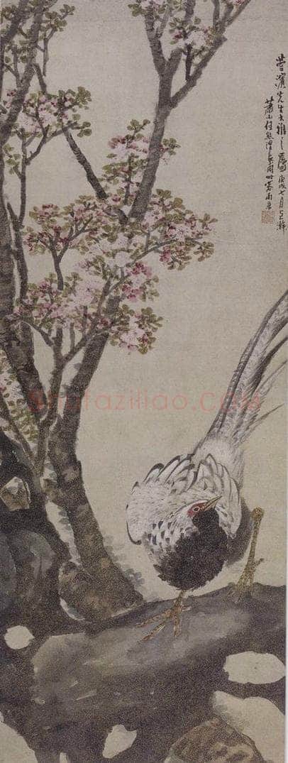 清 任熊 《任熊桃花锦鸡图轴》 书画作品
