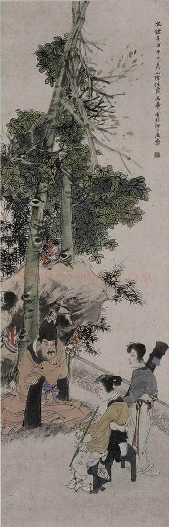 1901年 任霞 《任霞桐荫听箫图轴》 书画作品