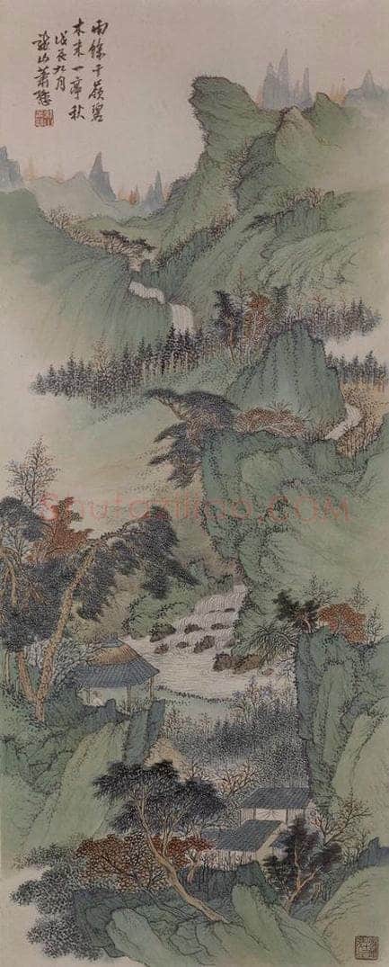 1928年 萧逊 《萧逊秋亭碧岭图轴》 书画作品
