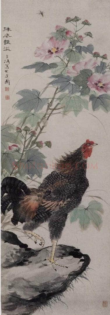 1946年 王雪涛 《王雪涛芙蓉公鸡图轴》 书画作品