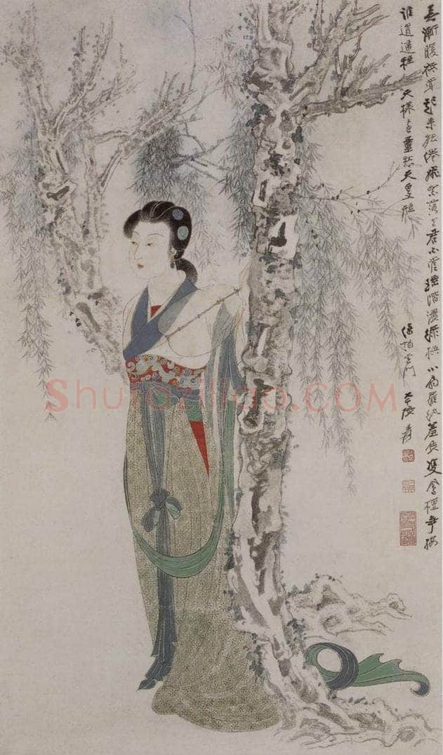 现代 张大千 《张大千柳荫仕女图轴》 书画作品