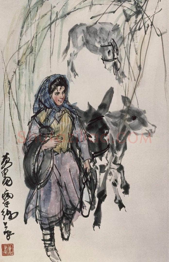 现代 黄胄 《黄胄维族姑娘牵驴图轴》 书画作品
