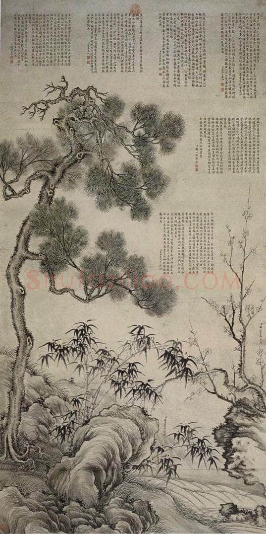 清 董邦达 《董邦达、鄒一桂，蒋溥合绘三友图轴》 书画作品