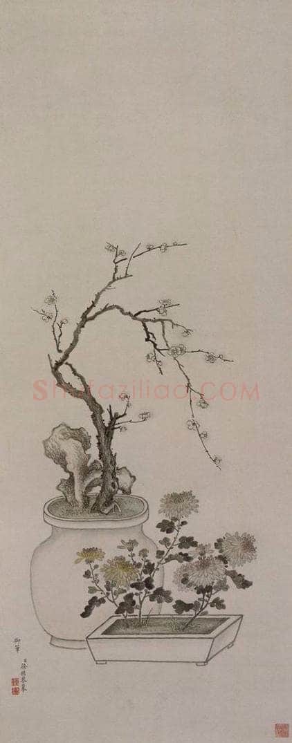 清 徐扬 《徐扬梅兰盆景图轴》 书画作品