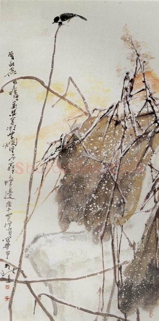 1990年 高冠华 飞雪、小鸟 书画作品