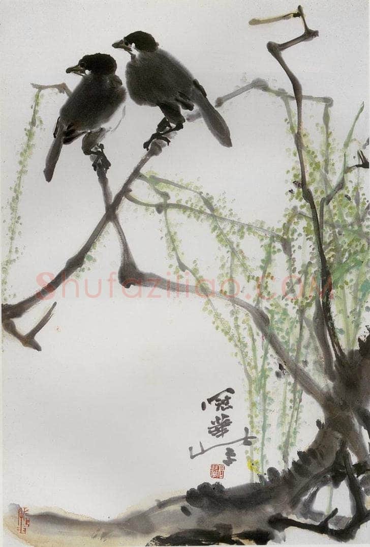 1990年 高冠华 柳、鹊 书画作品